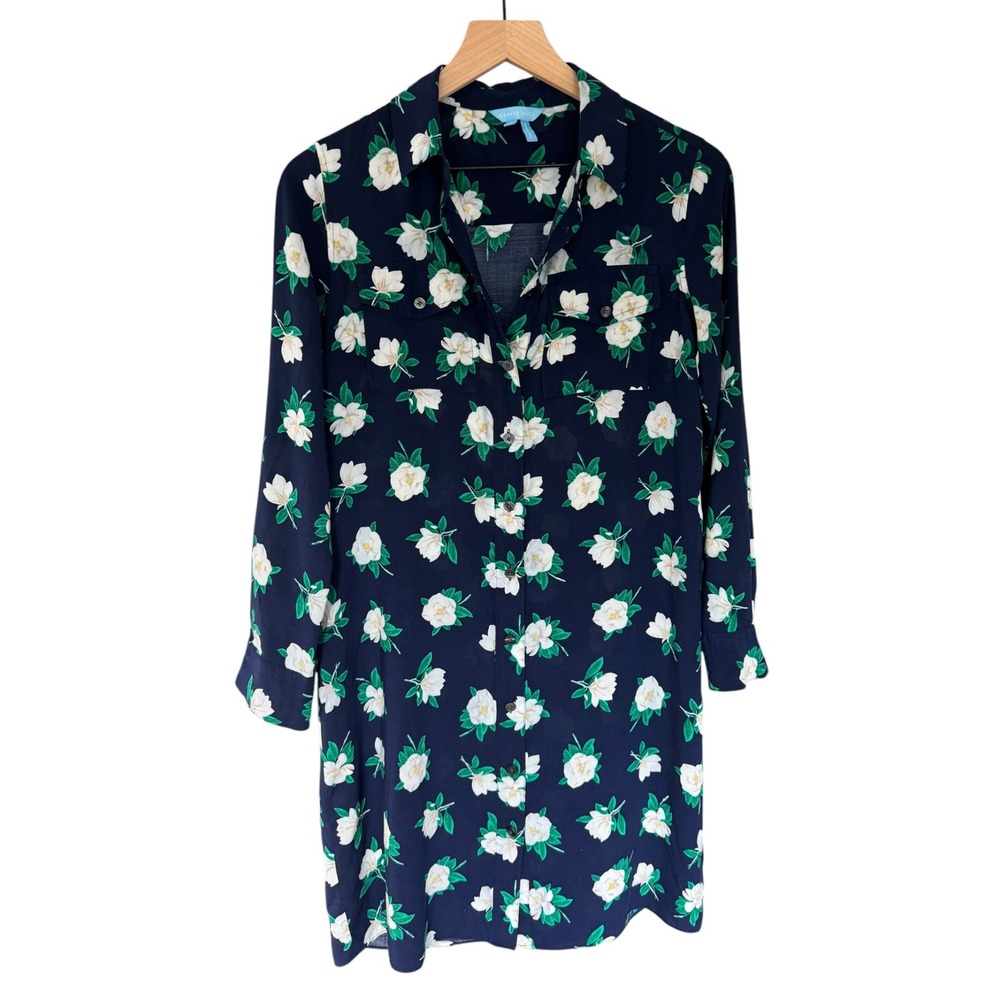 Draper James Shirt Dress 4 Navy Magnolia Floral Button Down Cottagecore Coastal